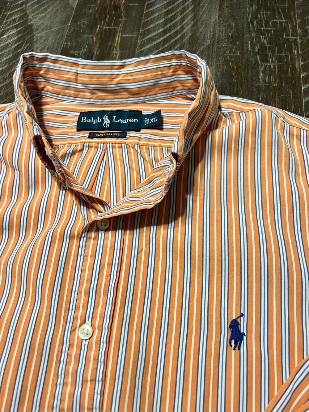 Ralph Lauren Men’s Custom Fit Orange, White & Blue Striped Button-Down Shirt XL